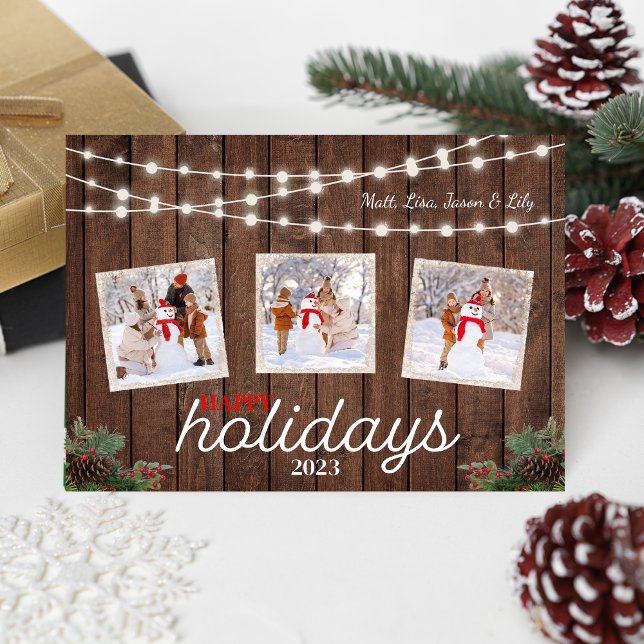 Tarjeta Festiva Pine cone Holly Lights Happy Holidays Card (Subido por el creador)
