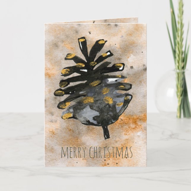 Tarjeta Festiva Pine Cone, Navidades de oro y negro (Anverso)