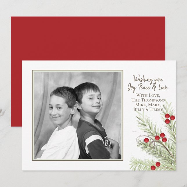 Tarjeta Festiva Pine Holly Berries Christmas Photo Card 1 Photo (Anverso / Reverso)