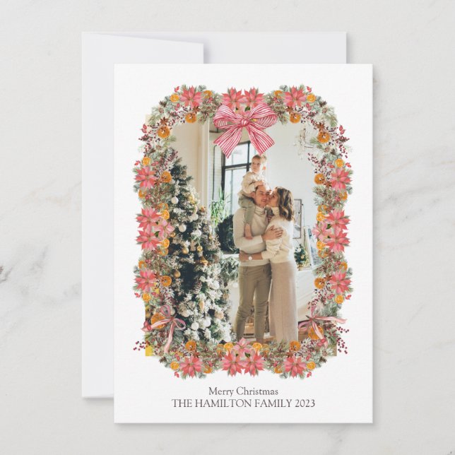 Tarjeta Festiva Pine Poinsettia Naranja Holiday Garland Photo Card (Anverso)