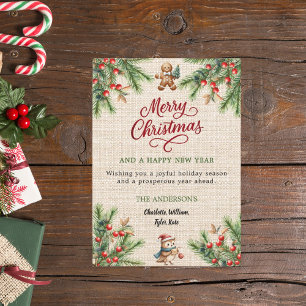 Tarjeta Festiva Pine red berries beige burlap lindo Navidades de b