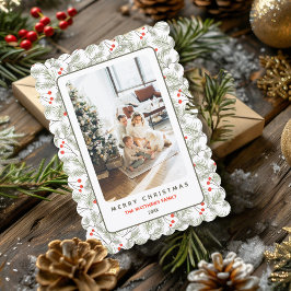 Tarjeta Festiva Pine Sprigs and Berries Custom Photo Christmas