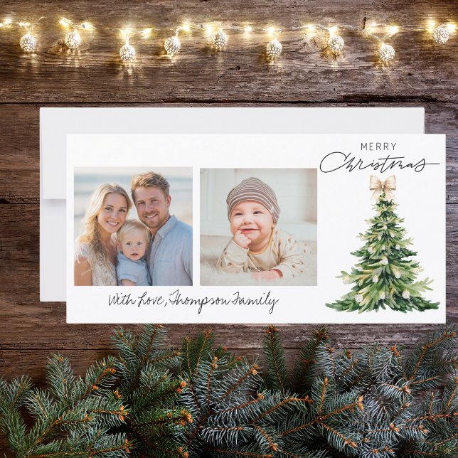 Tarjeta Festiva Pine Tree Bow Christmas Elegant Photo Custom (Subido por el creador)