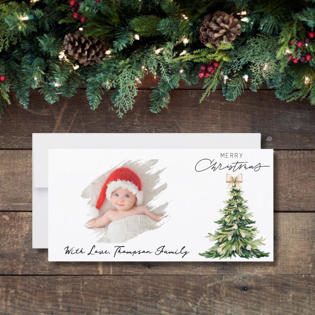 Tarjeta Festiva Pine Tree Bow Christmas Elegant Photo Custom (Subido por el creador)