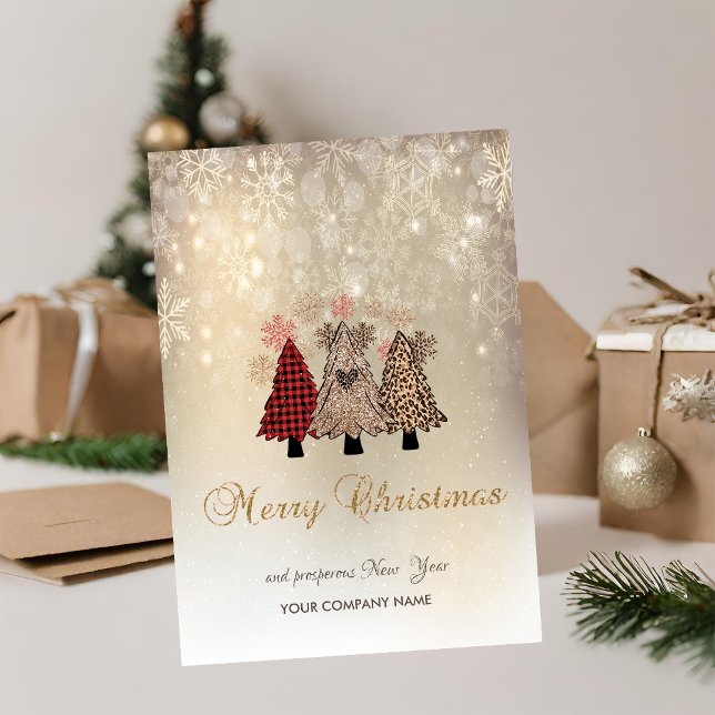 Tarjeta Festiva Pine Trees, Snowflakes Gold Holiday Card (Subido por el creador)