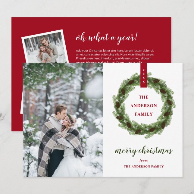 Tarjeta Festiva Pine Wreath Merry Christmas Photo (Anverso / Reverso)