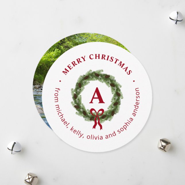 Tarjeta Festiva Pine Wreath Merry Christmas Round Photo (Anverso/Reverso In Situ)