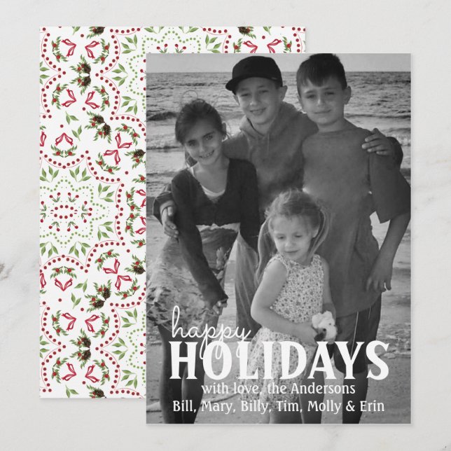 Tarjeta Festiva Pinecone Holly Christmas Photo Card 1 Photo (Anverso / Reverso)