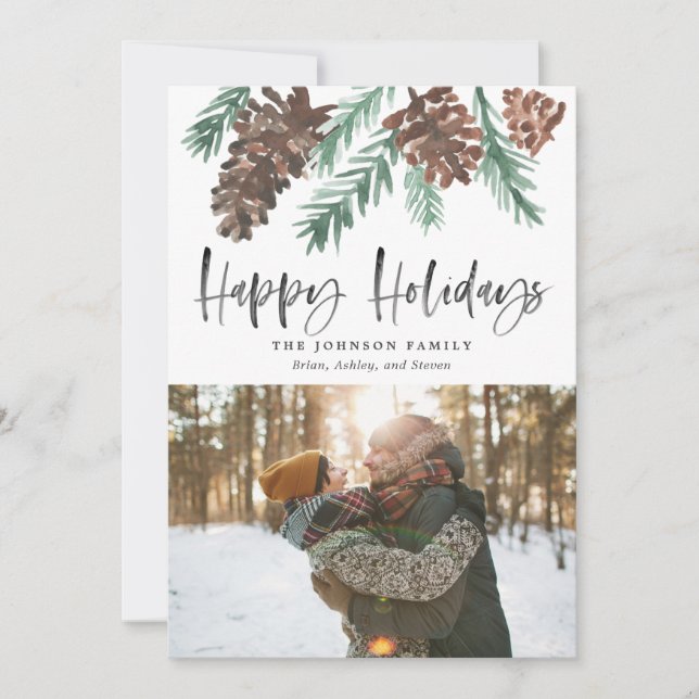 Tarjeta Festiva Pinecone Navidades Watercolor Happy Holidays Photo (Anverso)