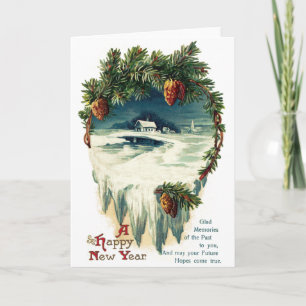 Tarjeta Festiva Pinecones y Vignette de Invierno Año Nuevo