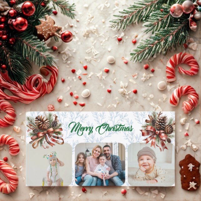 Tarjeta Festiva Pineneedle Merry Christmas Modern 3 Photo Collage  (Subido por el creador)