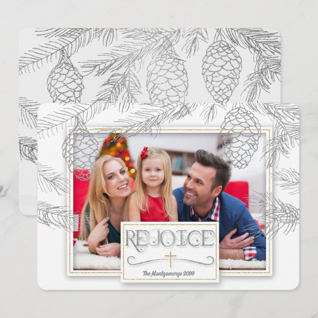 Tarjeta Festiva Pines plateados regocijan la foto de la Cruz Crist (Anverso / Reverso)