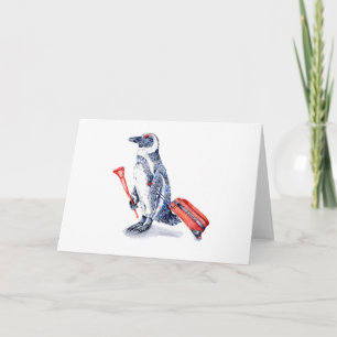 Tarjeta Festiva Pingüino africano con maleta