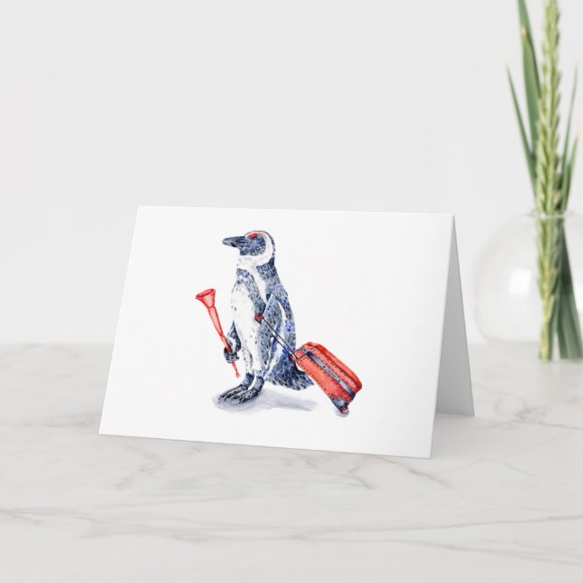 Tarjeta Festiva Pingüino africano con maleta (Anverso)