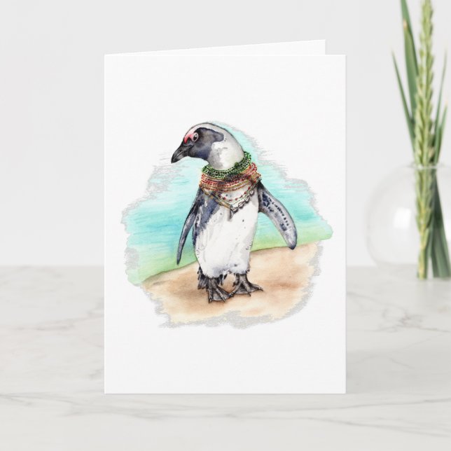 Tarjeta Festiva Pingüino africano en una playa (Anverso)