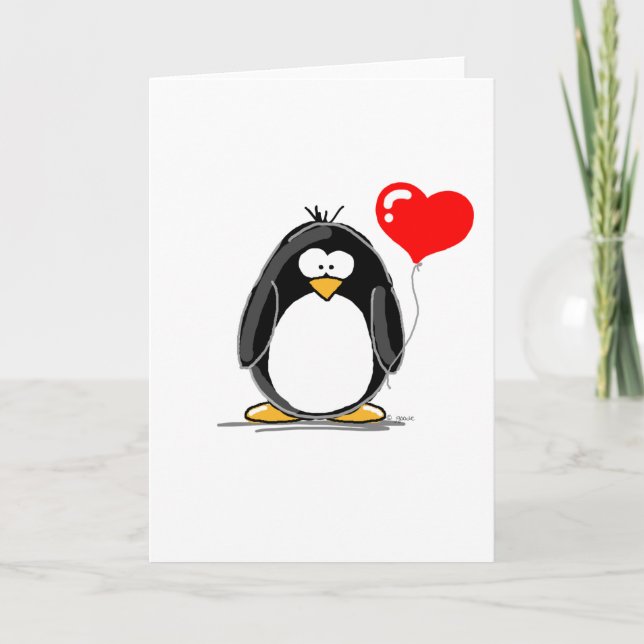 Tarjeta Festiva Pingüino con globo cardíaco (Anverso)