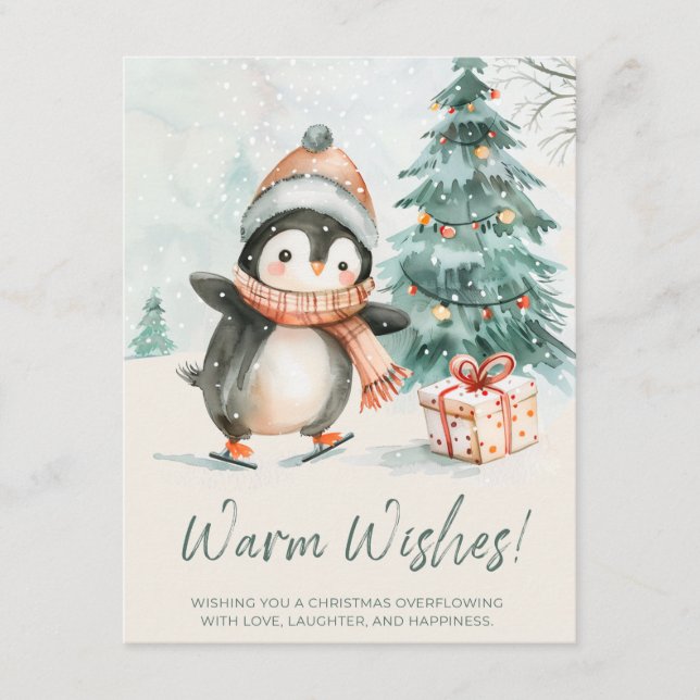 Tarjeta Festiva Pingüino de Deseos Cálidos (Anverso)