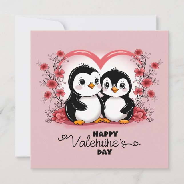 Tarjeta Festiva Pingüino de dibujos animados adorable Amantes de l (Anverso)