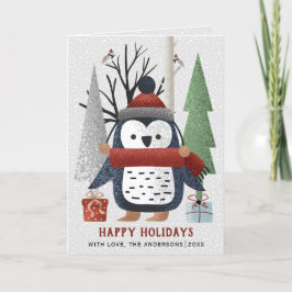 Tarjeta Festiva Pingüino de invierno y Navidades de árboles con fo