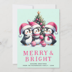Tarjeta Festiva Pingüino de mora y Navidades rosados