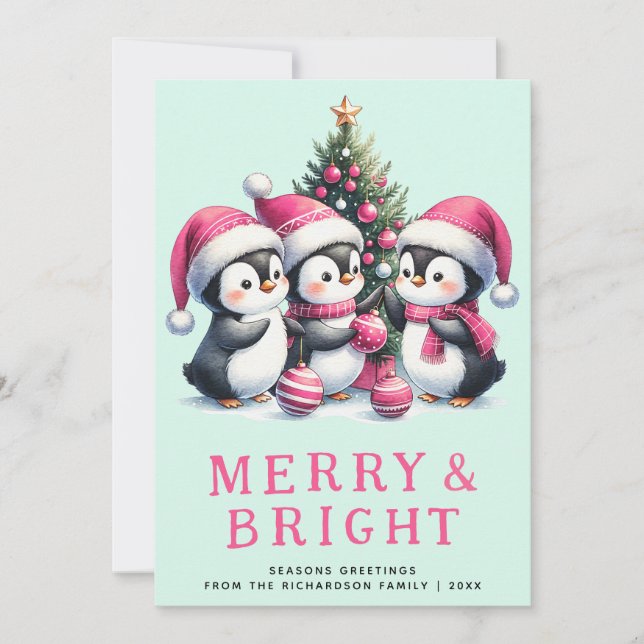 Tarjeta Festiva Pingüino de mora y Navidades rosados (Anverso)