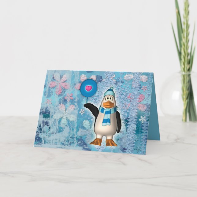 Tarjeta Festiva Pingüino de palo norte con corazón (Anverso)