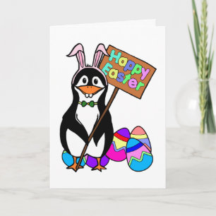 Tarjeta Festiva Pingüino de Pascua con huevos de colores