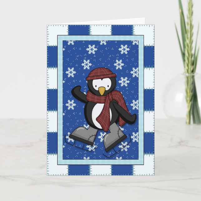 Tarjeta Festiva Pingüino en patines de hielo (Anverso)