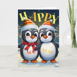Tarjeta Festiva Pingüino Feliz Año Nuevo