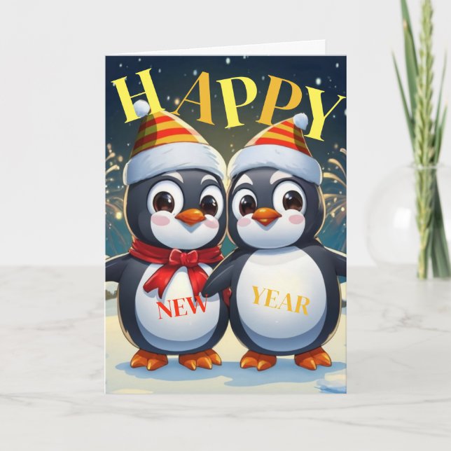 Tarjeta Festiva Pingüino Feliz Año Nuevo (Anverso)