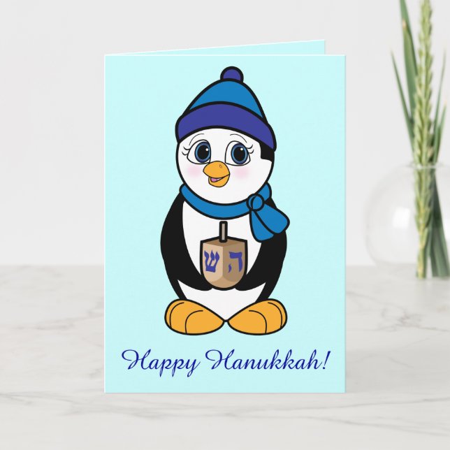 Tarjeta Festiva Pingüino feliz y Dreidel de Jánuca (Anverso)