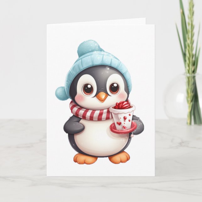 Tarjeta Festiva Pingüino lindo con bolsitas de aperitivo y bola de (Anverso)