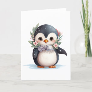 Tarjeta Festiva Pingüino Lindo Con Bufanda y Acebo EN BLANCO 