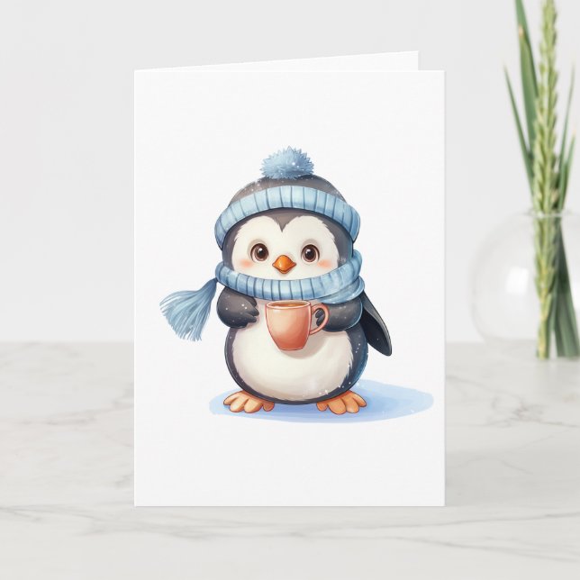 Tarjeta Festiva Pingüino lindo con ropa de invierno y BLANCO de co (Anverso)