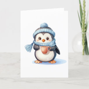 Tarjeta Festiva Pingüino lindo con ropa de invierno y BLANCO de co