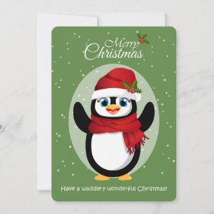 Tarjeta Festiva Pingüino Lindo con Sombrero y Bufanda de Santa Fel