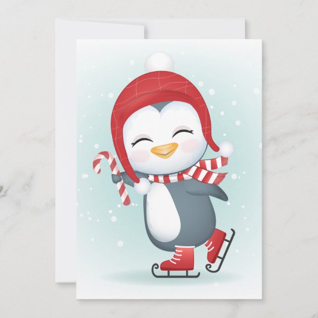 Tarjeta Festiva Pingüino lindo en patines de hielo (Anverso)