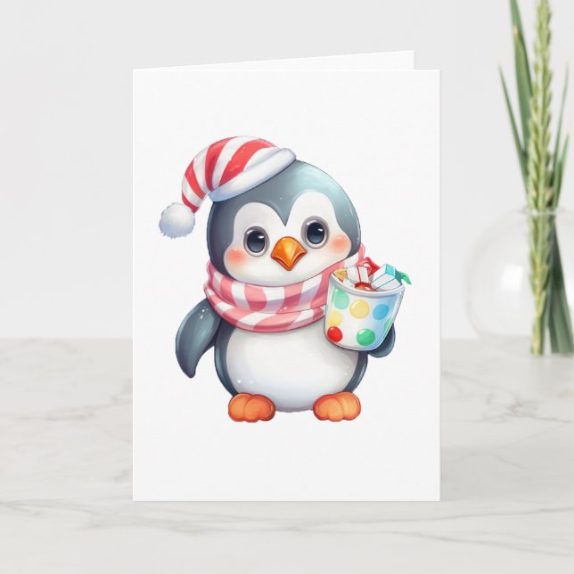Tarjeta Festiva Pingüino lindo y feliz con snack en blanco  (Anverso)