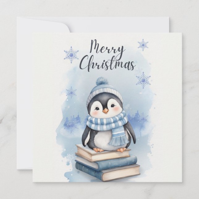Tarjeta Festiva Pingüino Navidades de acuarela (Anverso)