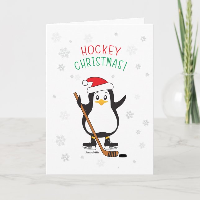 Tarjeta Festiva Pingüino Navidades de hockey (Anverso)
