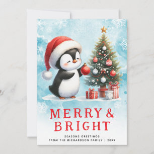Tarjeta Festiva Pingüino Navidades de Personalizado rojo azul bril