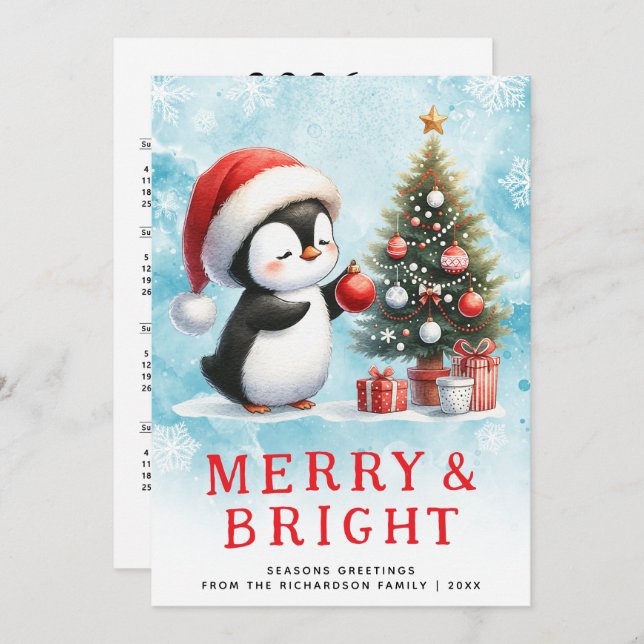 Tarjeta Festiva Pingüino Navidades de Personalizado rojo azul bril (Anverso / Reverso)