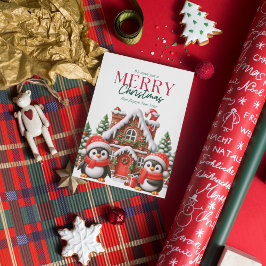 Tarjeta Festiva Pingüino Navideño Adorable y Casa de Pan de Jengib