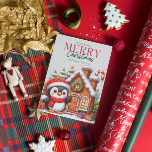 Tarjeta Festiva Pingüino Navideño Adorable y Casa de Pan de Jengib