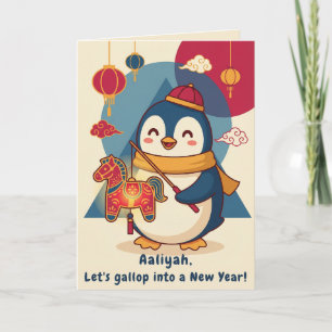 Tarjeta Festiva Pingüino personalizado celebrando el Año Nuevo Lun
