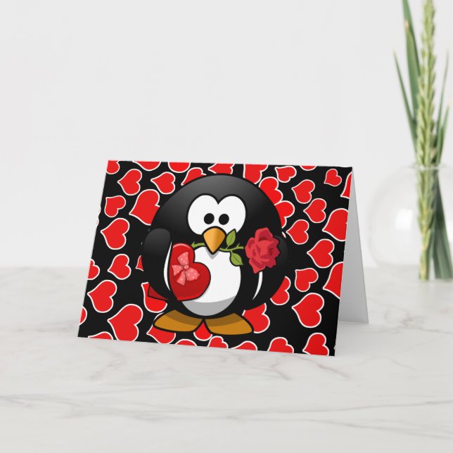 Tarjeta Festiva Pingüino Personalizado Con Regalos De San Valentín (Anverso)