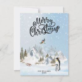 Tarjeta Festiva Pingüino Rústico Tradicional Invierno Feliz Navida