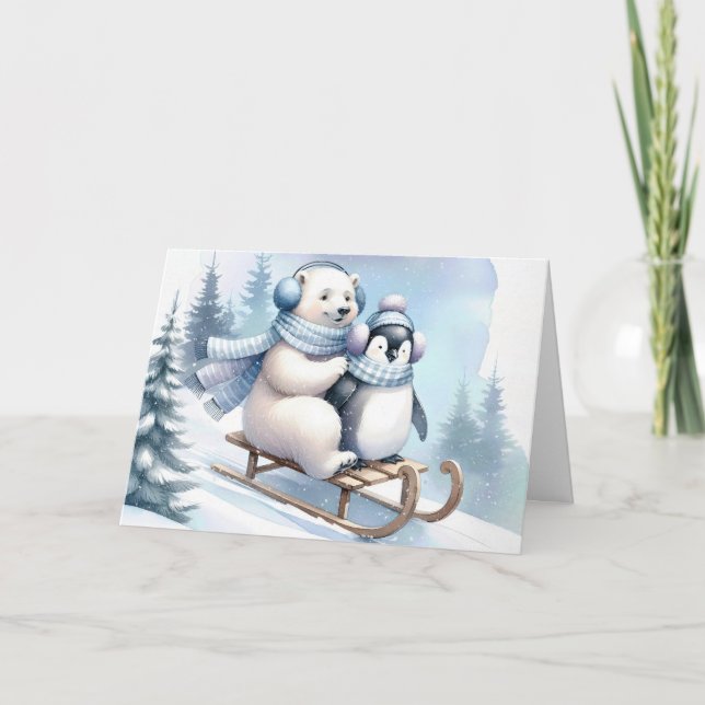 Tarjeta Festiva Pingüino y oso polar en una espoleta (Anverso)