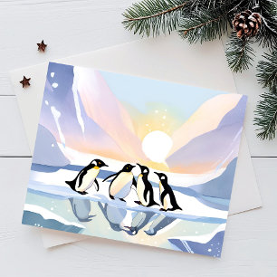Tarjeta Festiva Pingüinos Acuarela de Invierno   Nieve y Hielo Lin