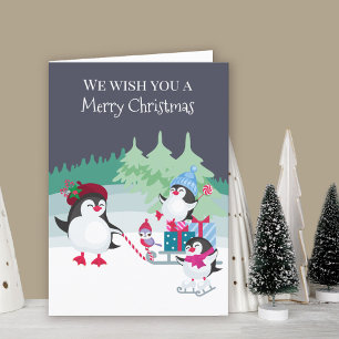 Tarjeta Festiva Pingüinos Adorables en el Bosque de Nieve Feliz Na
